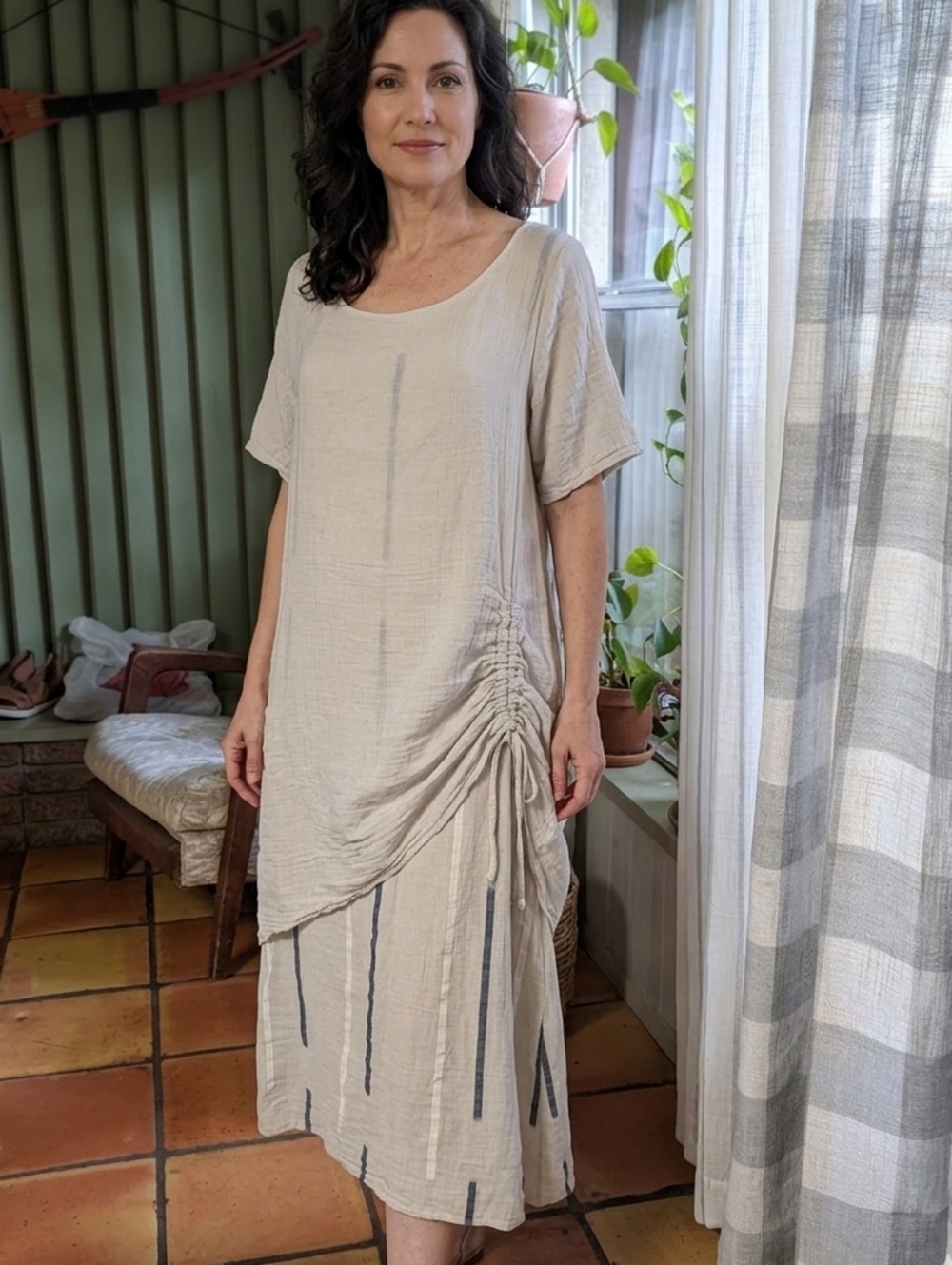 Saga Double Layer Linen Ruched Dress Striped Langelook.